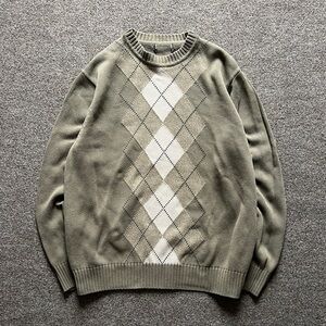 Vintage Argyle Diamond Crewneck Pullover Sweater Mens L Taupe Cream Grandpa Core